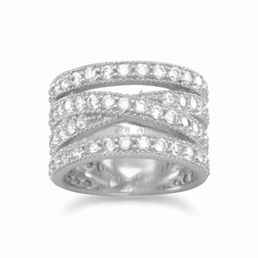 High-Quality Appearance Timeless Proportion Wide Stacked X Design Band Ring Pave Cubic Zirconia Rhodium on Sterling Silver