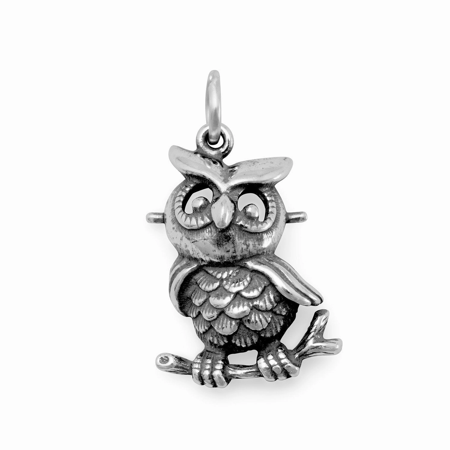 Wise Owl Charm Antiqued Sterling Silver, Made in the USA Flawless Accent Holiday Accent