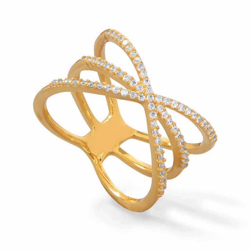 Three-Row Criss Cross Stacking Band Ring with Cubic Zirconia Gold-plated Season Ready