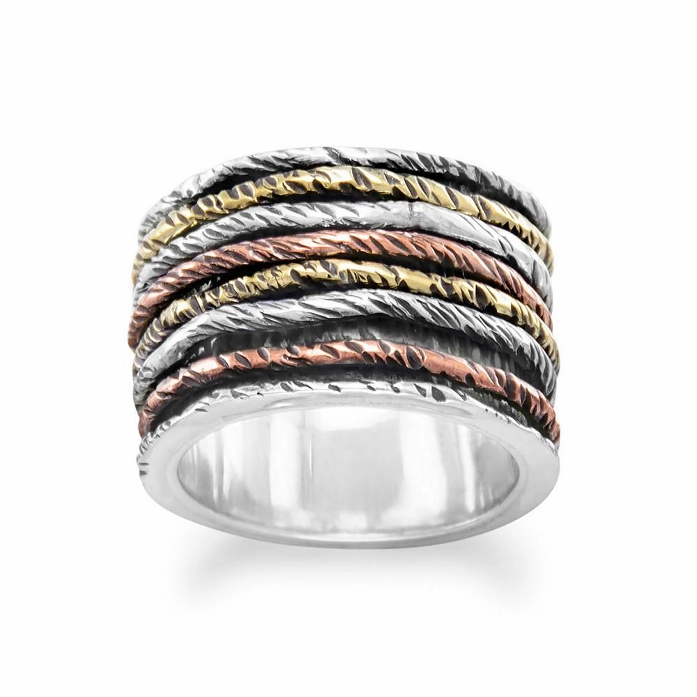 Spin Band Ring with Tri Tone Bands Yellow and Rose Gold Over Sterling Silver Personal Style