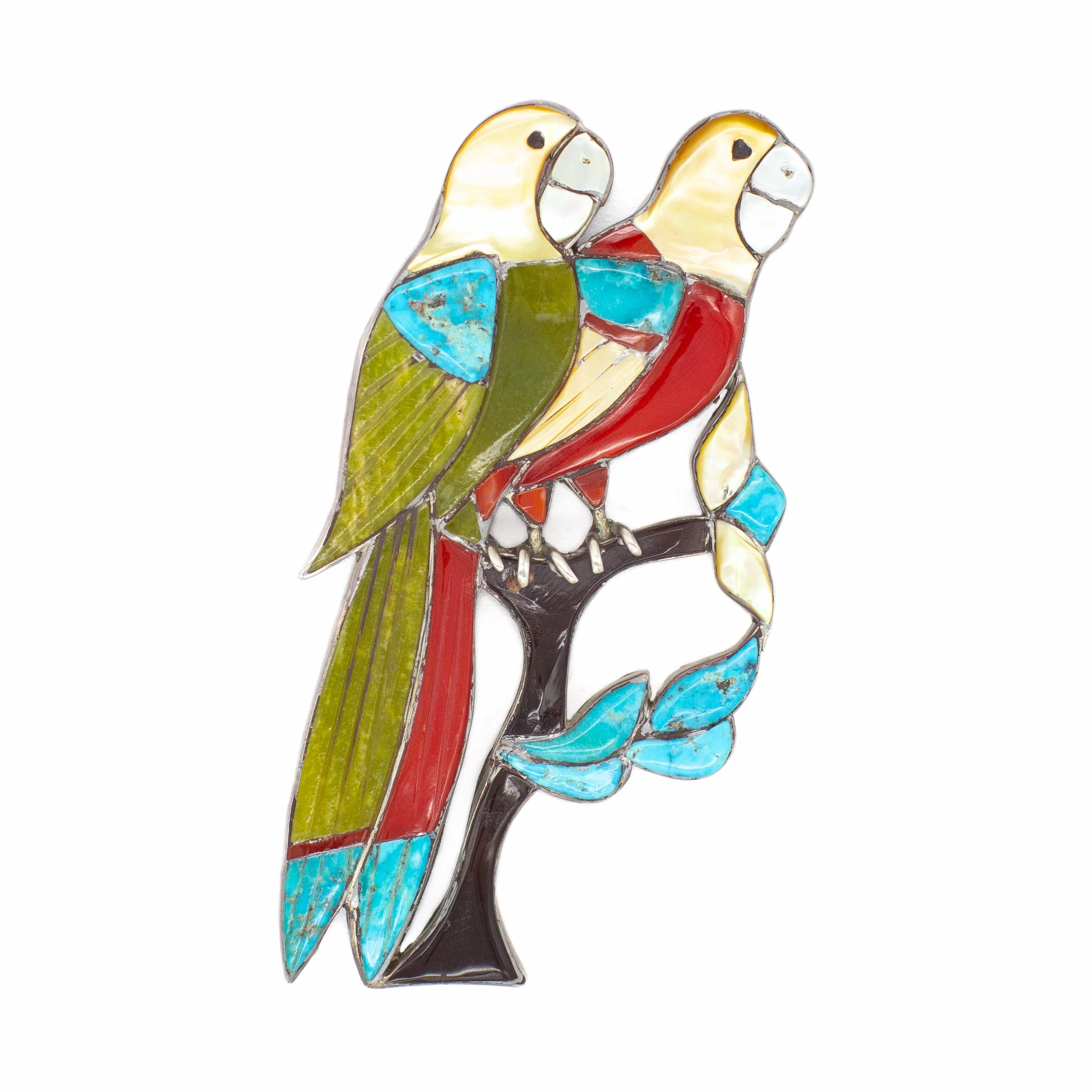 Zuni Handmade Double Parrot Multi-Inlay Sterling Silver Pin Glistening Sparkle Seasonal Pick